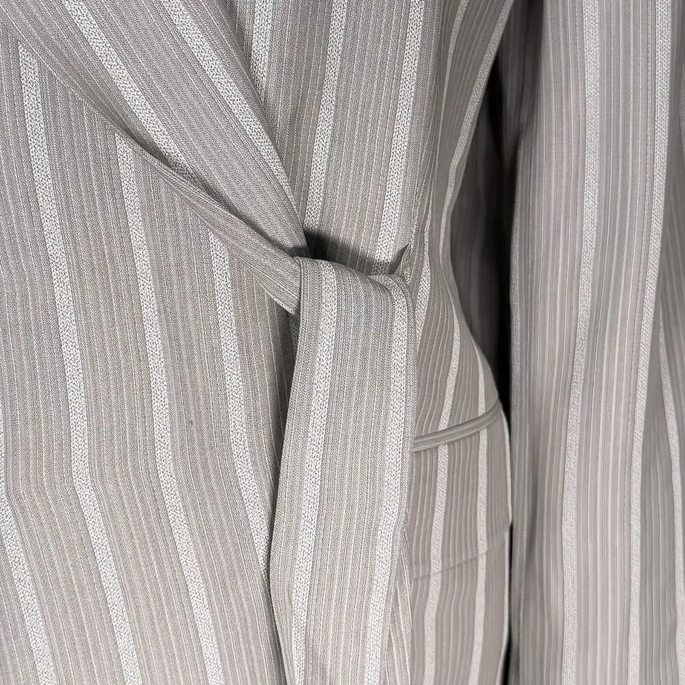 Vintage Christian Dior Womens 14 Gray Pinstripe Wrap Blazer Tie Waist Jacket USA